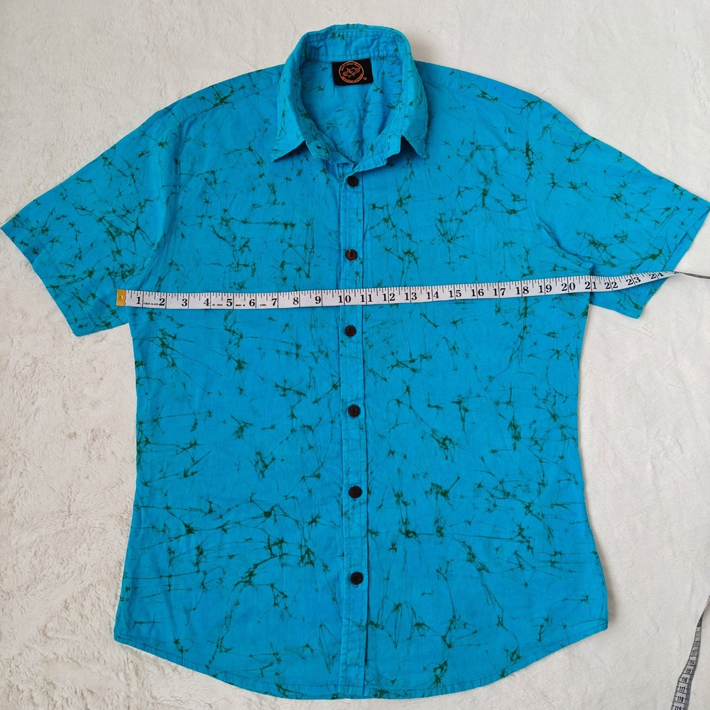 Shreedevi Batik Mens Turquoise Blue‎ Green Handmade Short Sleeve Button Shirt M